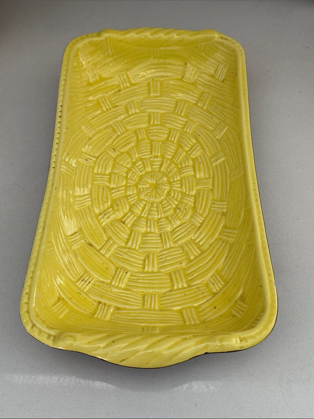 Vintage 60s 70s Yellow Ceramic Basketweave Serving Tray - Treasure Craft # 413